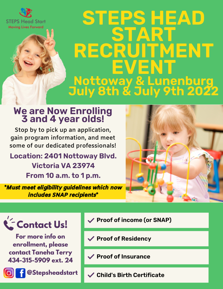 STEPS Head Start Recruitment Event July 8th & 9th from 10 a.m. to 1 p.m