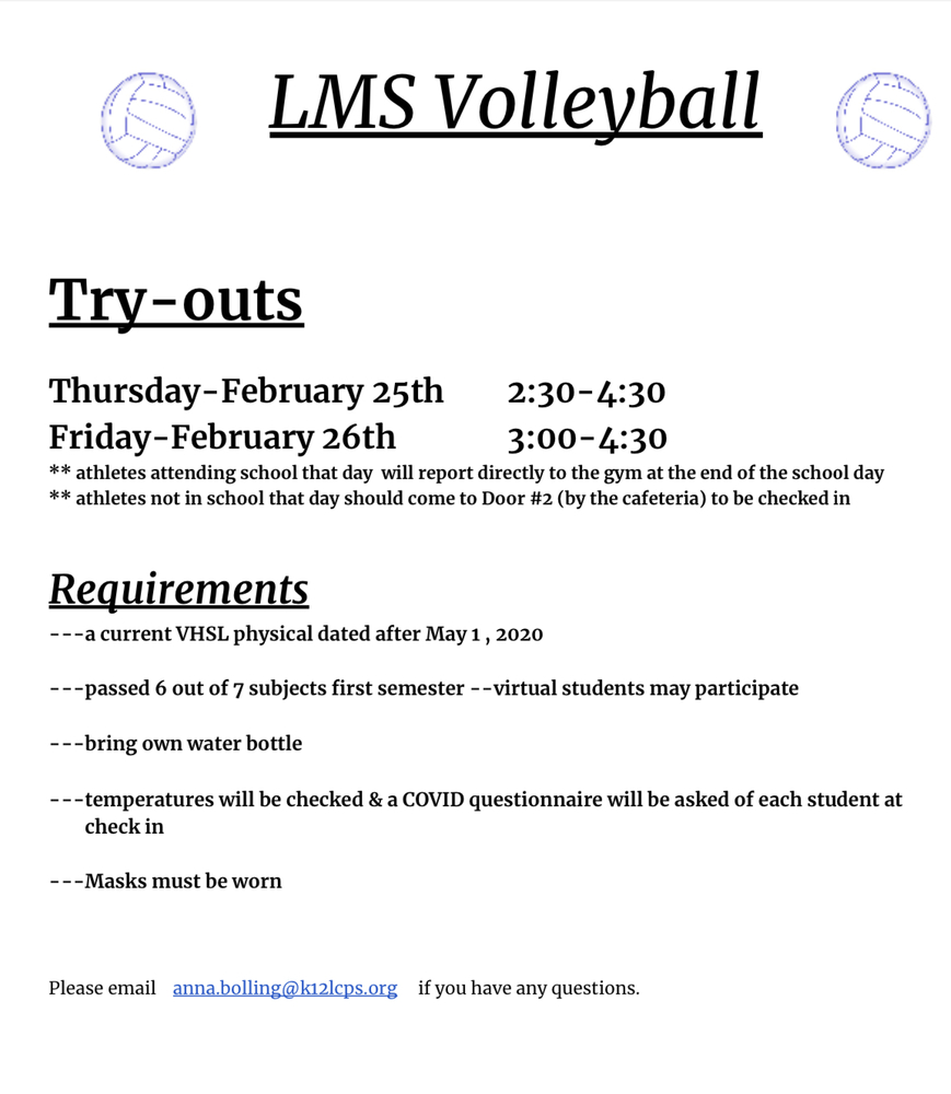 LMS Volleyball TryOut Information