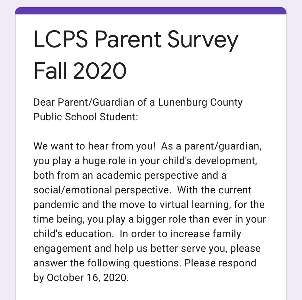 Please Complete Your LCPS Parent Survey for Fall 2020 Lunenburg