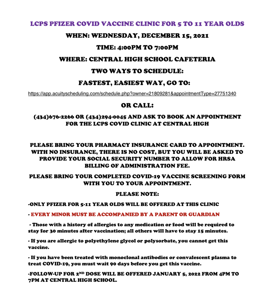 Flyer for 5-11 Year Old  COVID Vaccine Clinic